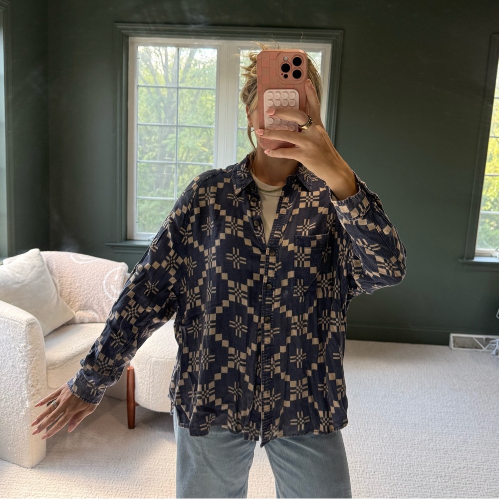 Urban Outfitters BDG Navy and Beige Geometric Button Up